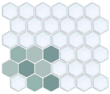 A pattern of porcelain hexagon tiles arranged in a corner pattern