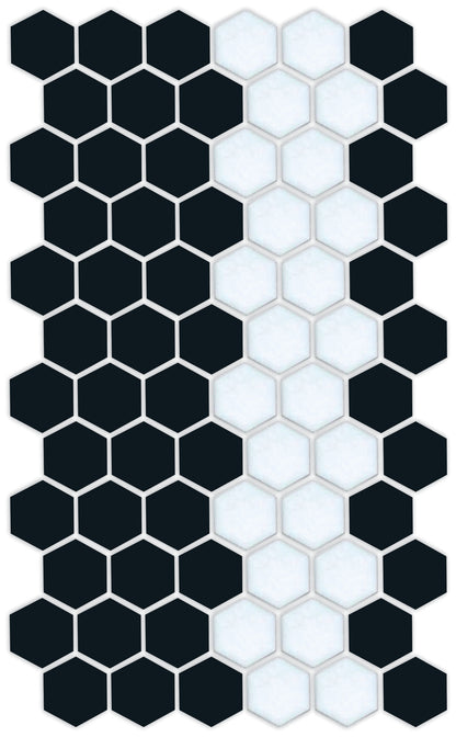 A pattern of porcelain hexagon tiles in Satin Black and Satin white arranged in a offset border pattern