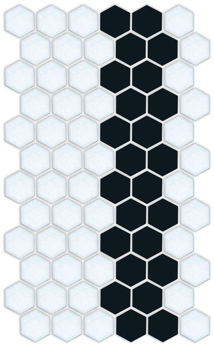A pattern of porcelain hexagon tiles in Satin Black and Satin white arranged in a offset border pattern