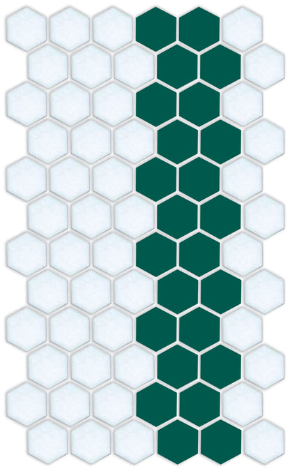 A pattern of porcelain hexagon tiles arranged in a offset border pattern