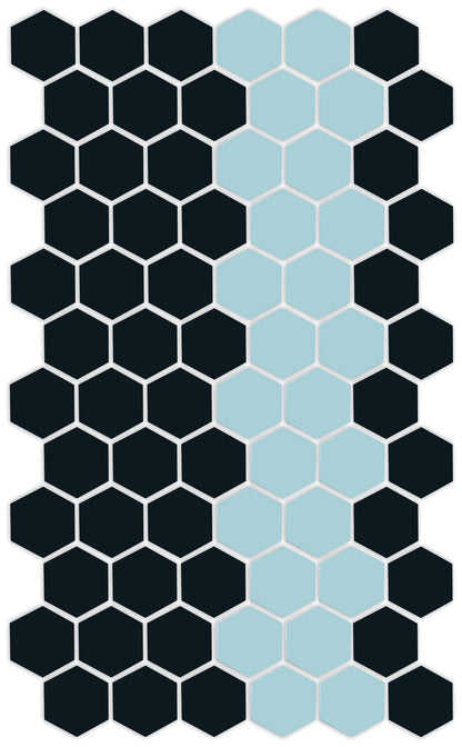 A pattern of porcelain hexagon tiles in Satin Black and Glacier blue arranged in a offset border pattern
