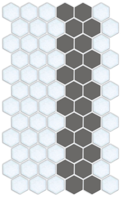 A pattern of porcelain hexagon tiles arranged in a offset border pattern