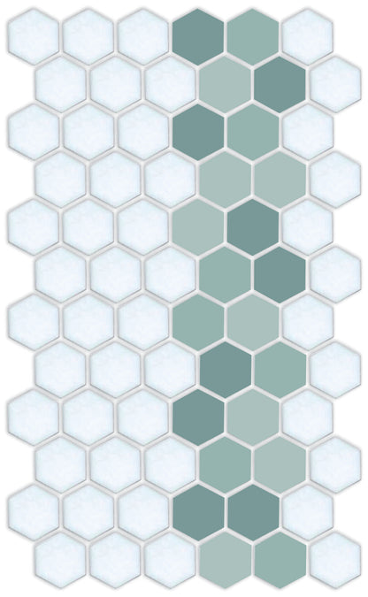 A pattern of porcelain hexagon tiles arranged in a offset border pattern