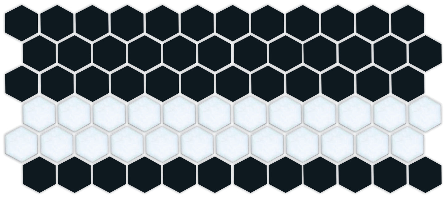 A pattern of porcelain hexagon tiles in Satin Black and Satin white arranged in a straight border pattern