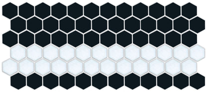 A pattern of porcelain hexagon tiles in Satin Black and Satin white arranged in a straight border pattern