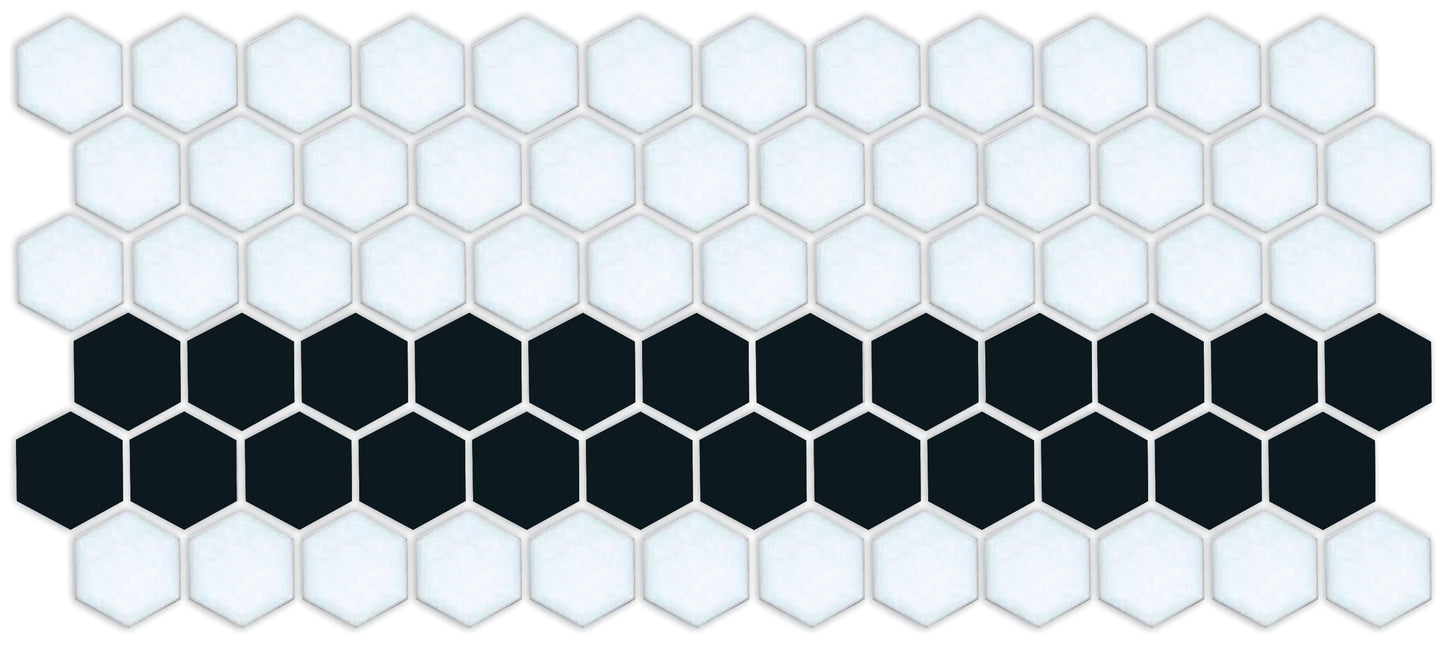 A pattern of porcelain hexagon tiles in Satin Black and Satin white arranged in a straight border pattern
