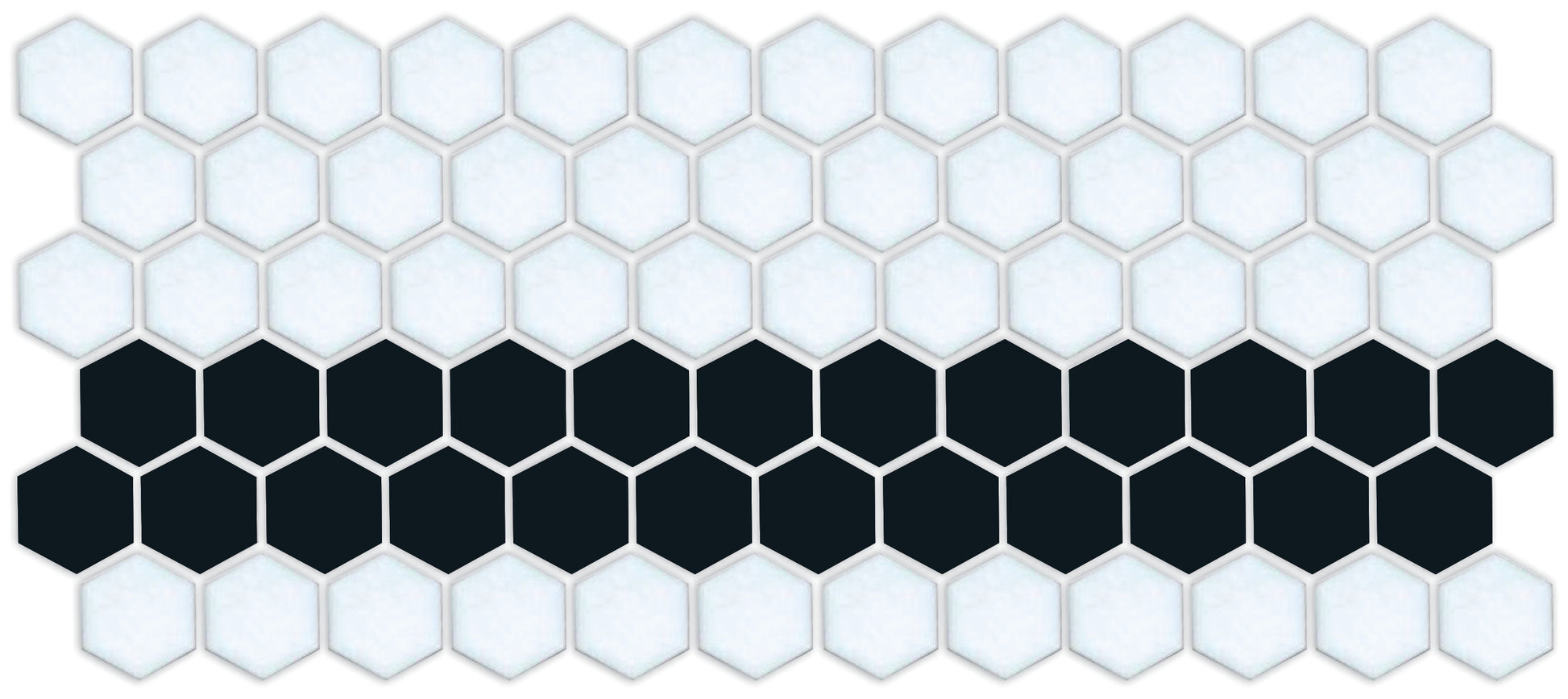 A pattern of porcelain hexagon tiles in Satin Black and Satin white arranged in a straight border pattern