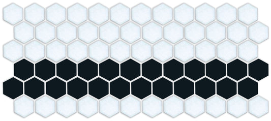 A pattern of porcelain hexagon tiles in Satin Black and Satin white arranged in a straight border pattern