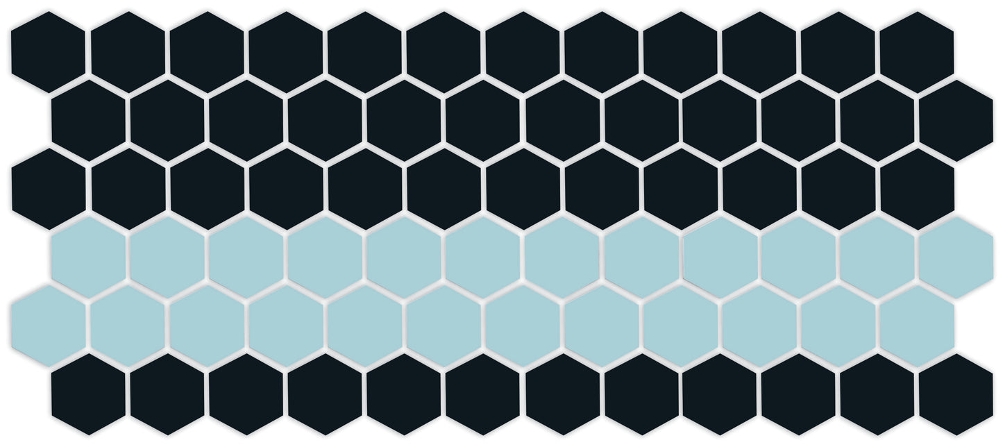 A pattern of porcelain hexagon tiles in Satin Black and Glacier blue arranged in a straight border pattern