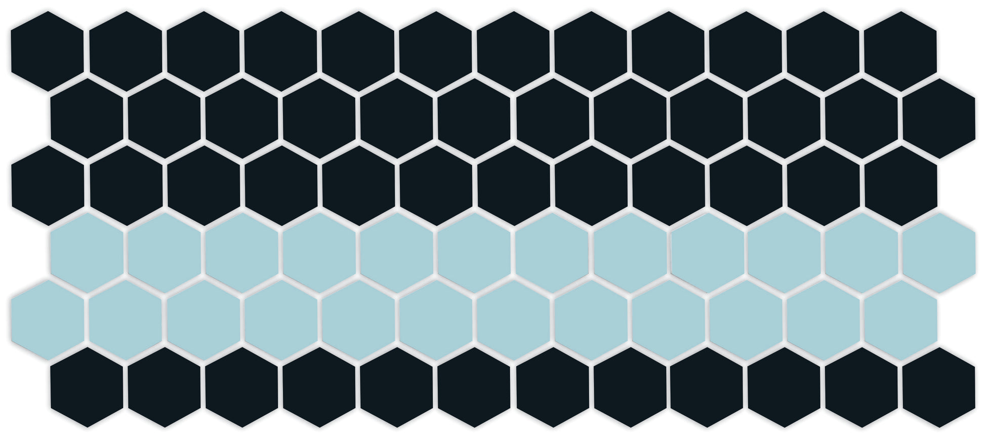 A pattern of porcelain hexagon tiles in Satin Black and Glacier blue arranged in a straight border pattern