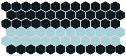 A pattern of porcelain hexagon tiles in Satin Black and Glacier blue arranged in a straight border pattern