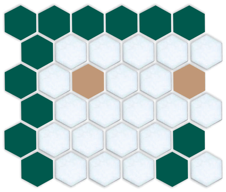 A digital rendering of a hexagon border tile pattern in green and brown colors.