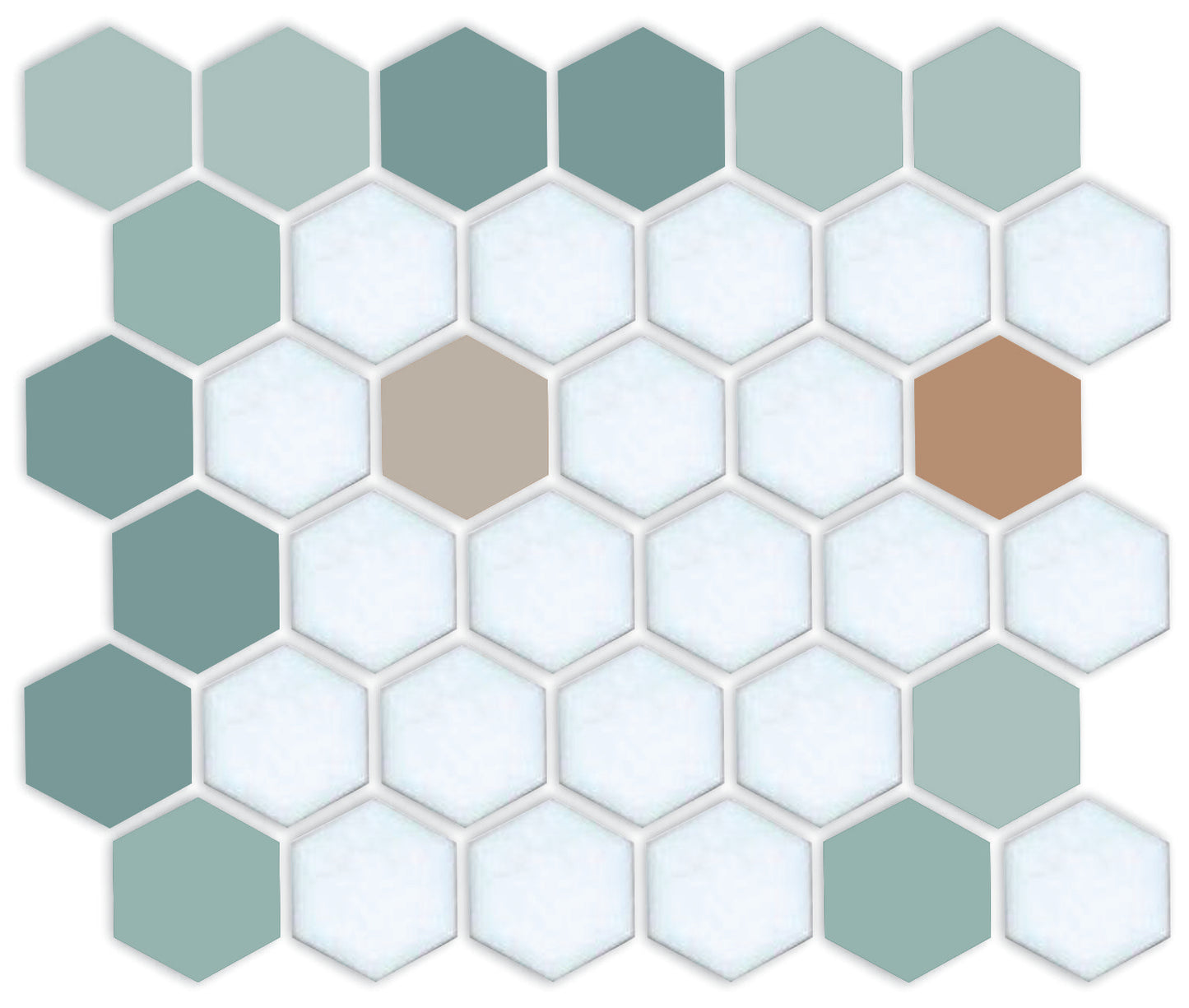 Hexagonal tiles in green and white colors with a brown tile in the center.