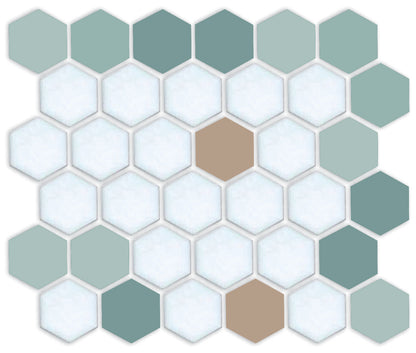 Hexagonal tiles in green and white with a brown center.