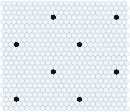 Porcelain mosaic tile dots in a light color Pinnacle hexagon pattern.