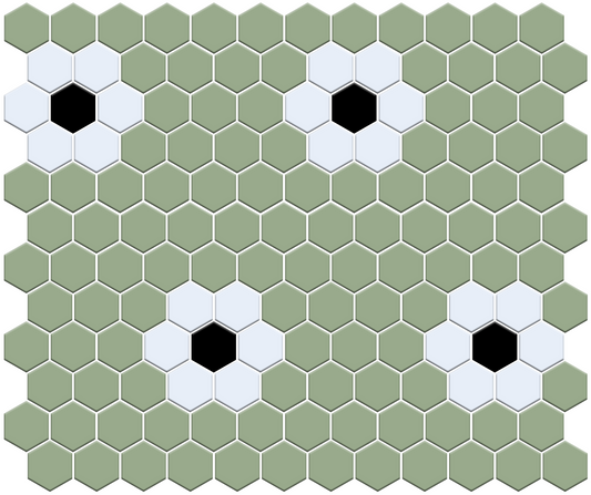 Hexagonal tile mosaic with green, white, and black tiles