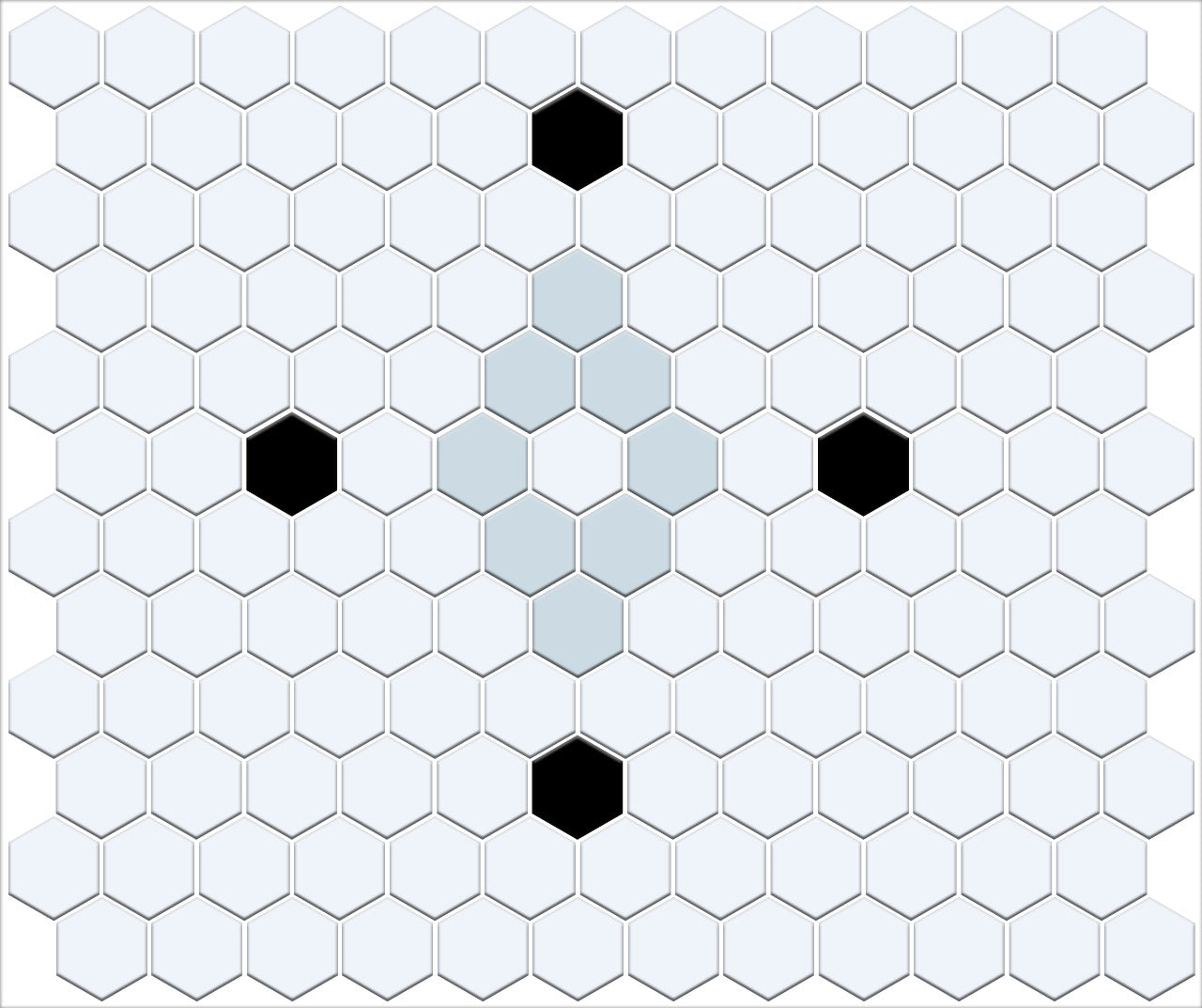 Hexagonal tile pattern with black and light blue tiles on a white background