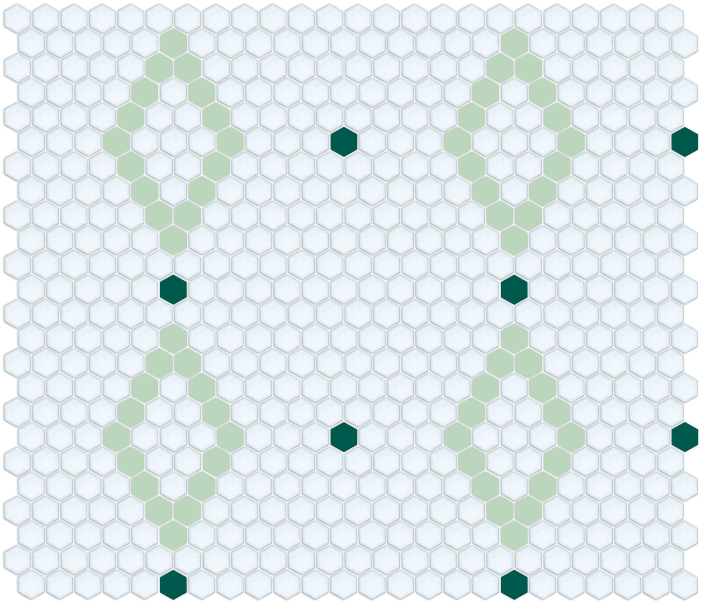 A digital rendering of a porcelain tile pattern featuring hexagons in various shades of green with diamond shapes and dots.