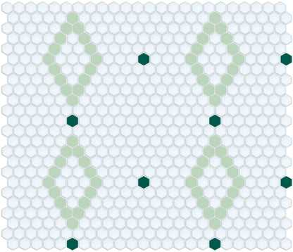 A digital rendering of a porcelain tile pattern featuring hexagons in various shades of green with diamond shapes and dots.