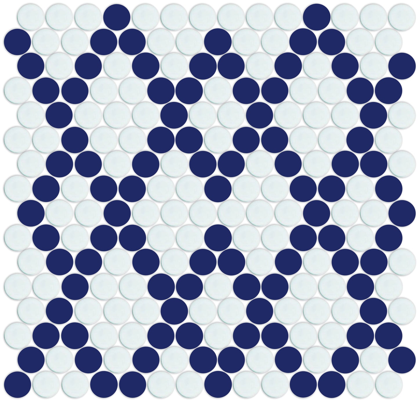Diamond trellis penny round porcelain mosaic tile pattern - Midnight Blue on White option