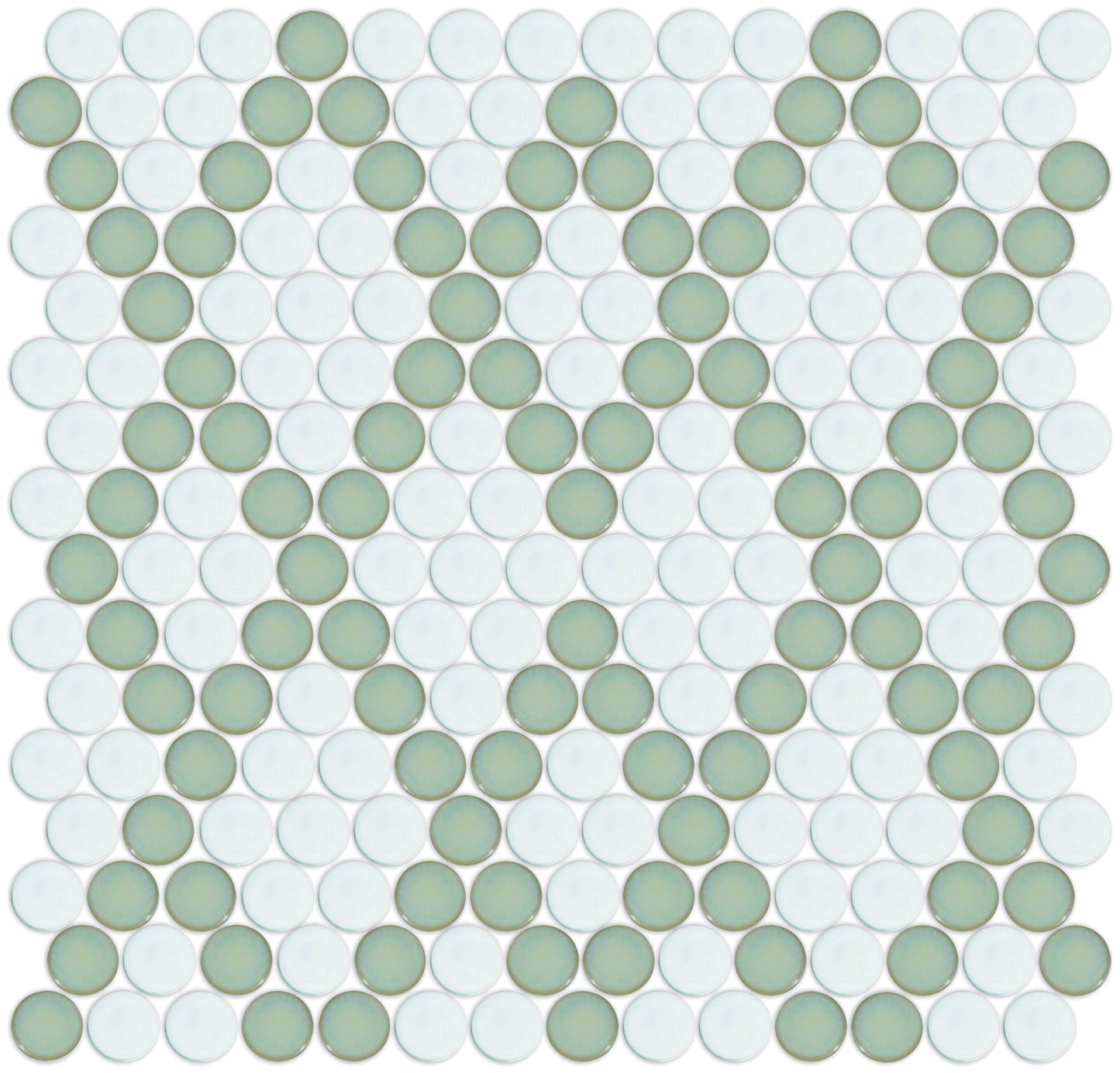 Diamond trellis penny round porcelain mosaic tile pattern - Celadon Green on White option