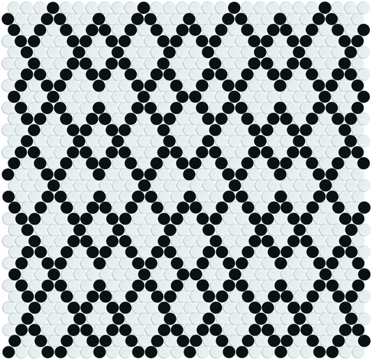 Diamond trellis penny round porcelain mosaic tile pattern - Black on White option