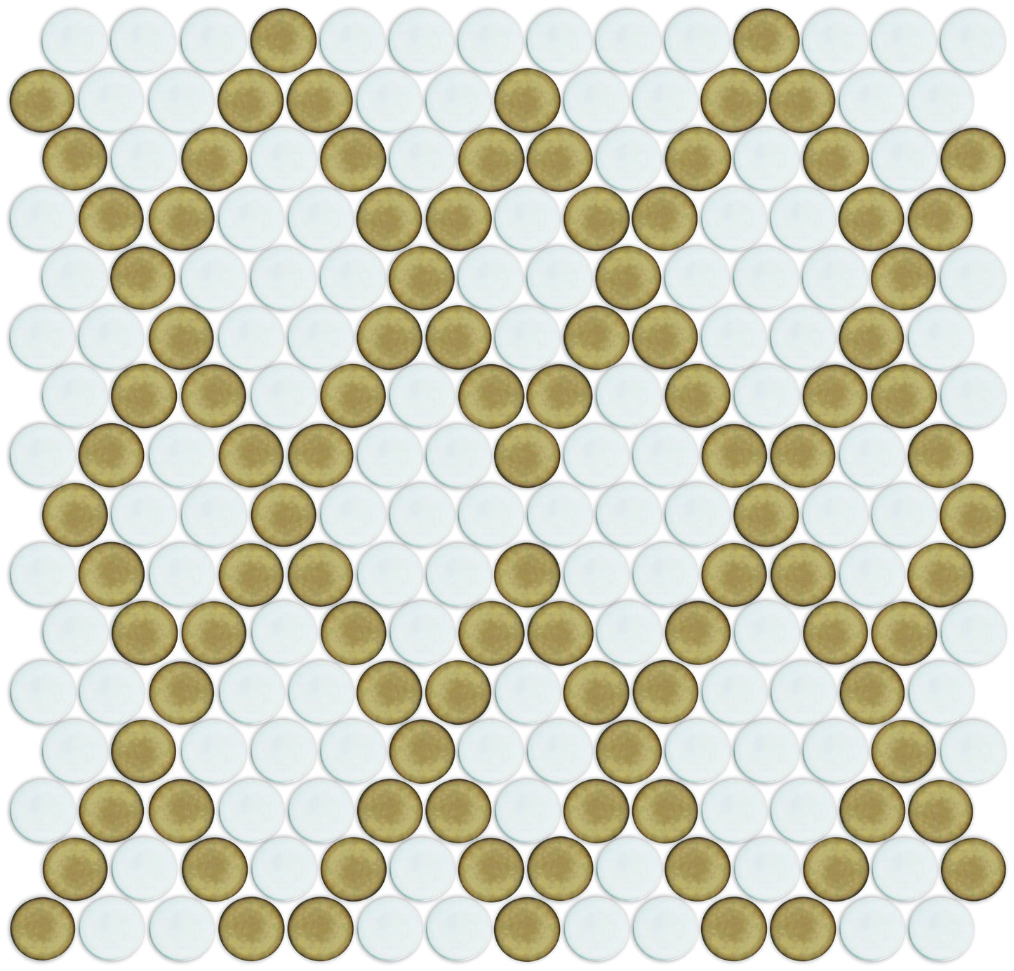 Diamond trellis penny round porcelain mosaic tile pattern - Shine Gold on White option