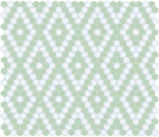 A Diamon "X" pattern of hexagon-shaped porcelain tiles in a light green color.