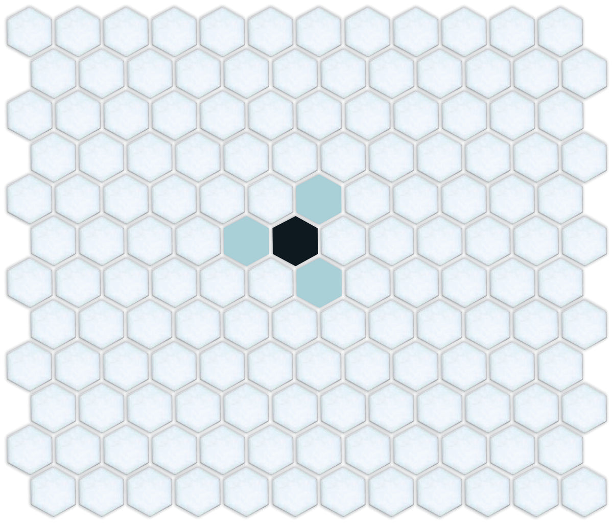 A pattern of light-colored hexagonal tiles, accented by Fleurette-shaped motifs formed by colored hexagonal tiles.