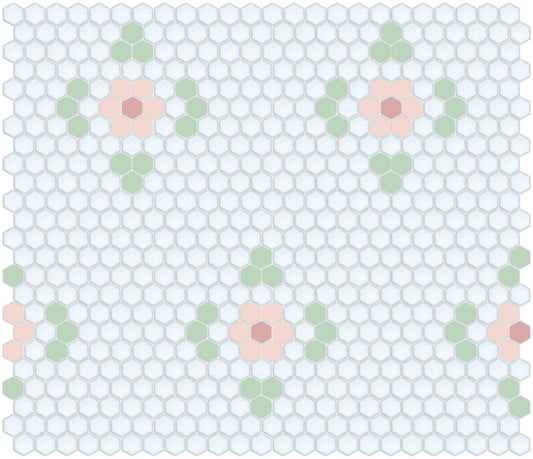 La fleur porcelain hexagon tile design - Rose/Cherry Blossom/Pistachio on Satin White