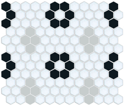 Ash Gray/Black on Satin White Hexagon Pattern