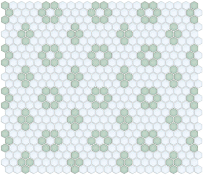 Porcelain hexagon tile with rosette and quad detailing