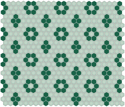 Porcelain hexagon tile with rosette and quad detailing