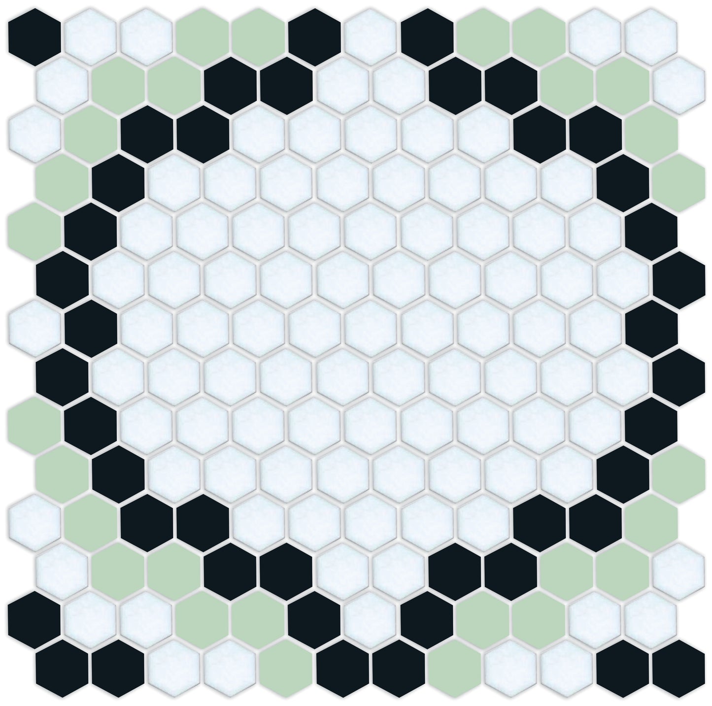 Versailles hexagon mosaic art deco design - Pistachio Green/Black on Satin White