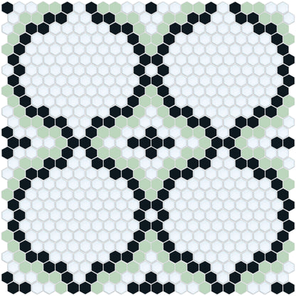 Versailles hexagon mosaic art deco design - Pistachio Green/Black on Satin White