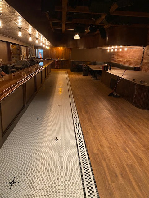 Custom Modern Craftsman Square border and Diamond and Cross hexagon pattern on bar floor