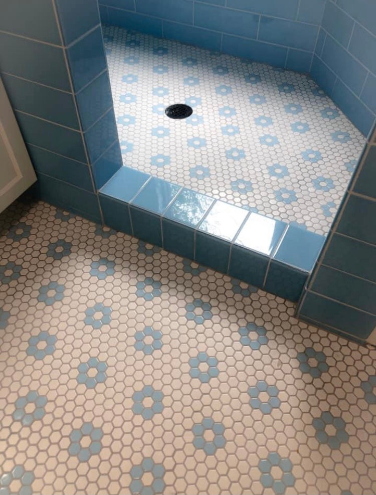Glacier Blue Repeating Rosettes in residential floor and shower.