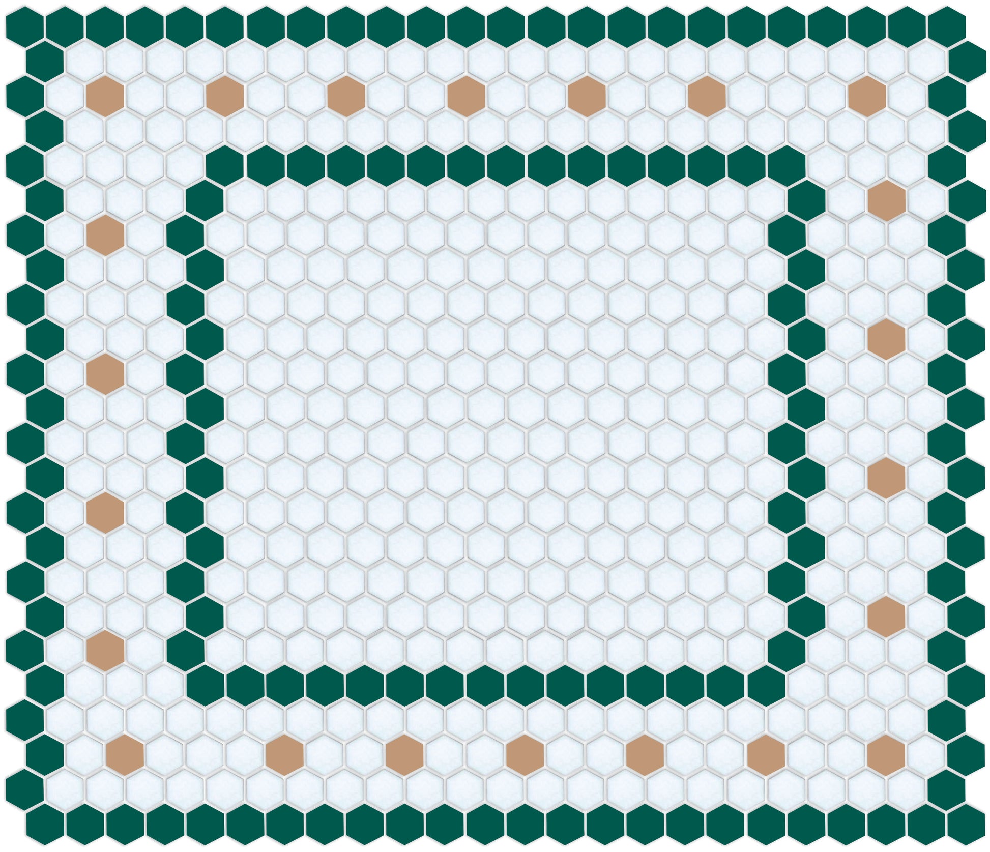 A digital rendering of a hexagon border tile pattern in green and brown colors.