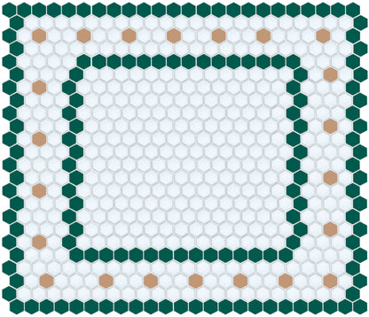 A digital rendering of a hexagon border tile pattern in green and brown colors.
