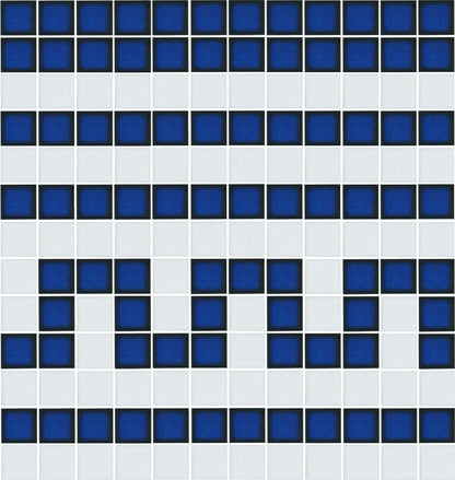 Greek key border motif sample in sapphire blue on white.