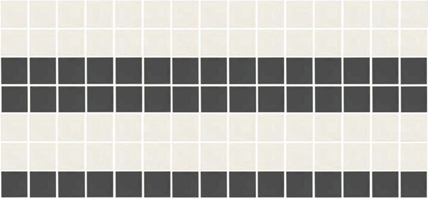 Square unglazed porcelain tile border pattern in charcoal and ivory.