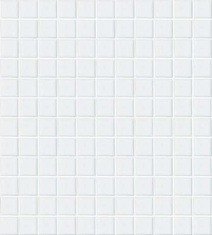 A sheet of square porcelain tiles in white color, arranged in a grid pattern.