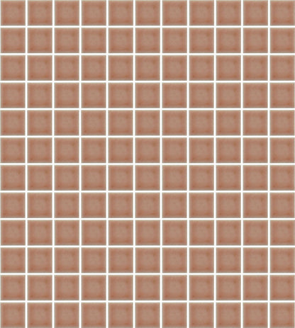 A sheet of square porcelain tiles in brown color, arranged in a grid pattern.
