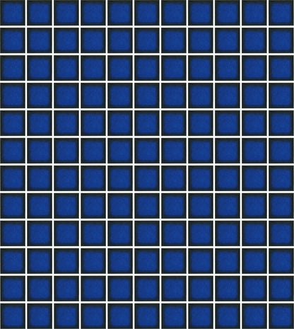 A sheet of square porcelain tiles in blue color, arranged in a grid pattern.