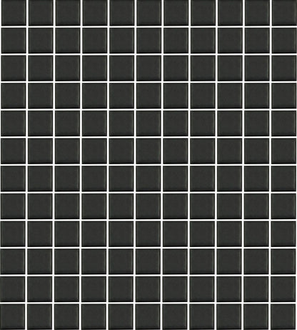 A sheet of square porcelain tiles in black  color, arranged in a grid pattern.