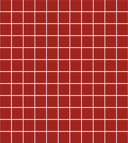 A sheet of square porcelain tiles in red color, arranged in a grid pattern.