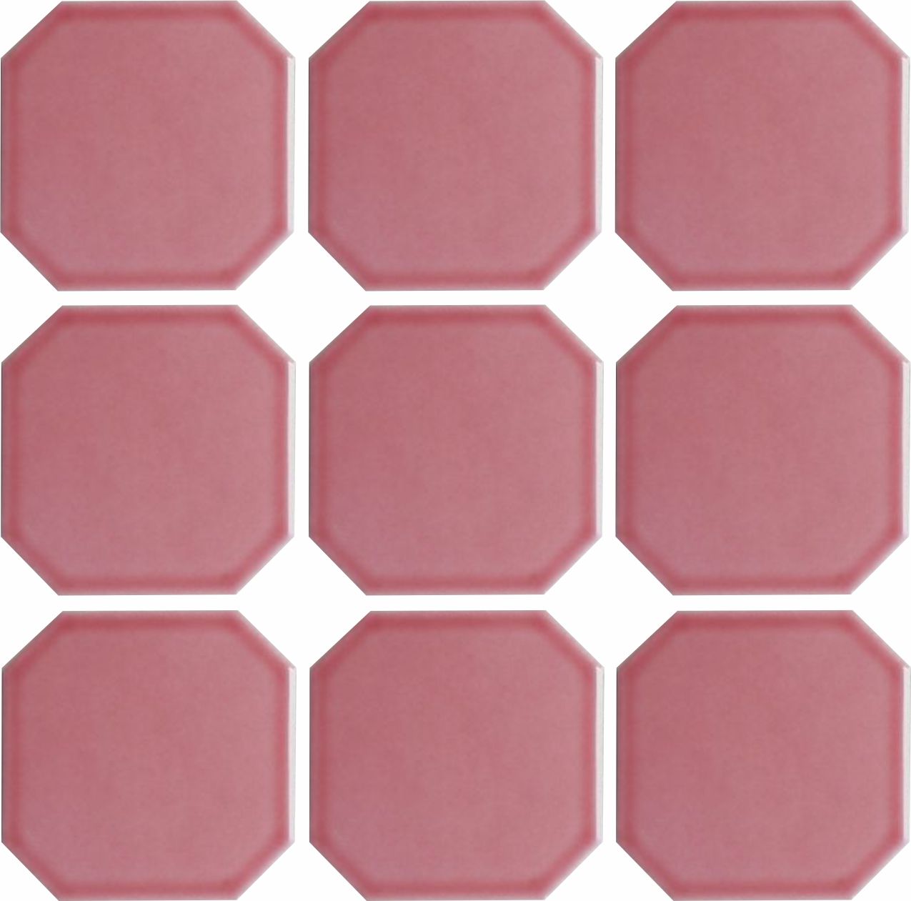 A collection of glazed porcelain octagon tiles in dark pink color, arranged in a grid pattern.