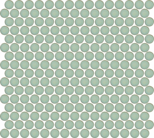A sheet of porcelain mosaic tiles in a penny round pattern with a greenish hue.