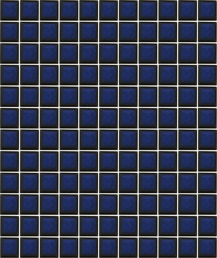 A sheet of square porcelain tiles with a glazed blue finish, arranged in a mosaic pattern.