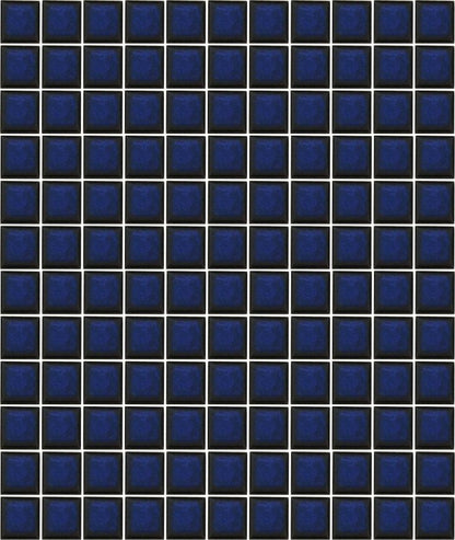 A sheet of square porcelain tiles with a glazed blue finish, arranged in a mosaic pattern.